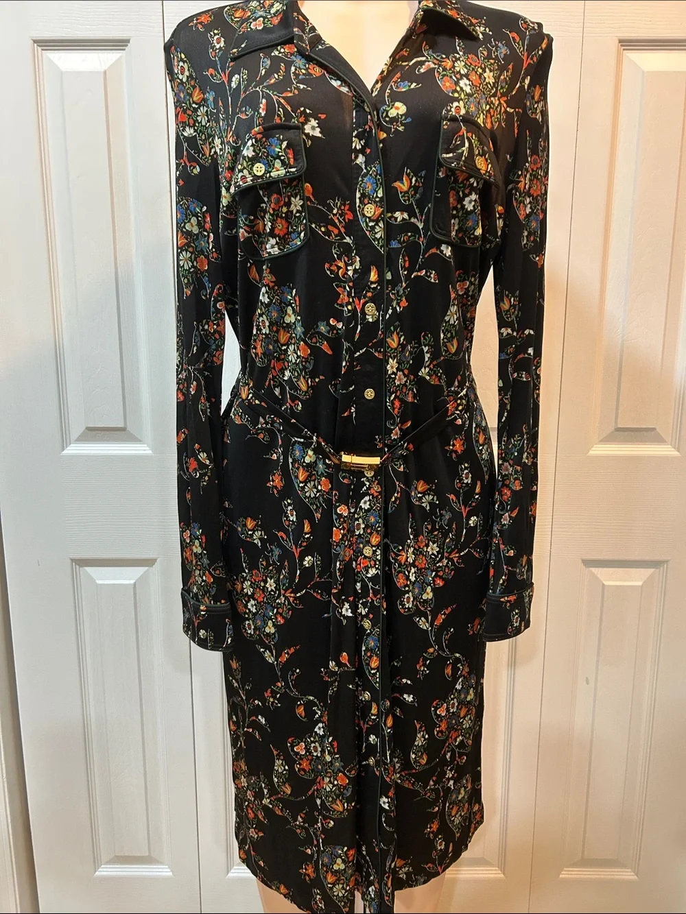 Tory Burch Black Floral Long Sleeve Shirt Dress